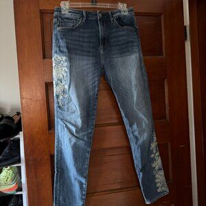 Driftwood Jackie straight jeans w/ embroidered cream florals, women's size 29